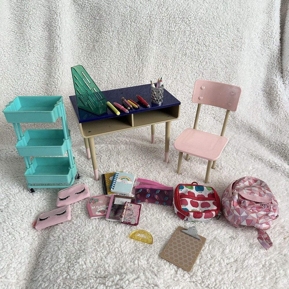 Our Generation School Desk Rolling Cart Chair With Accessories For 18” Doll
